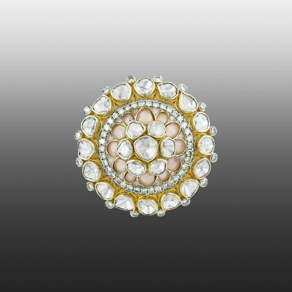 Floral Polki Ring with Pink Morganite Talaf and Diamond Halo